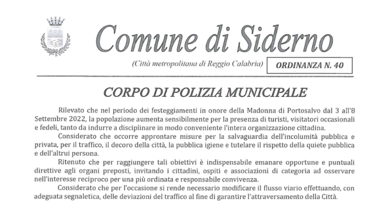 Ordinanza Polizia Municipale Siderno